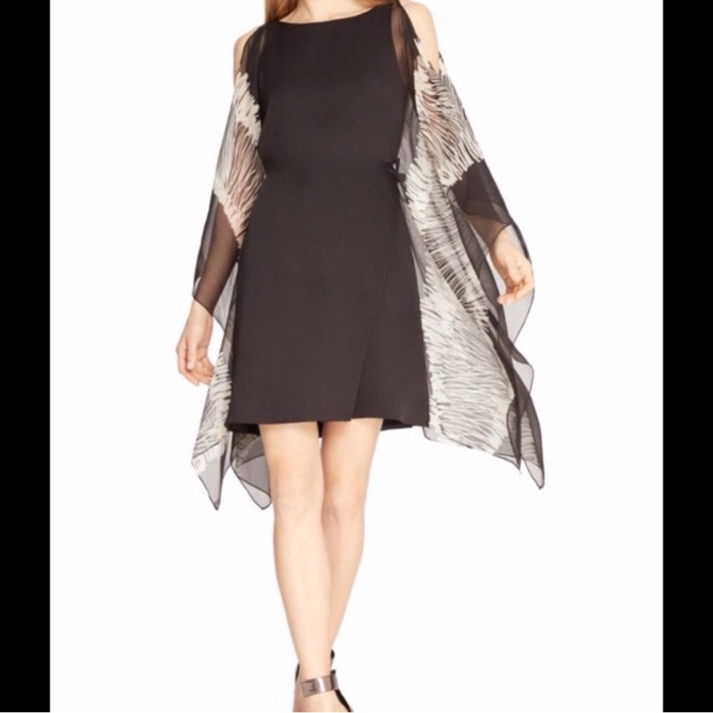Halston Heritage Black Dress with Sheer Patterned Overlay